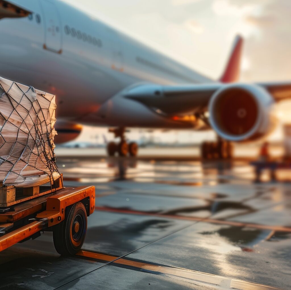 RFID scanned cargo being loaded onto airplane at the airport for logistic management and delivery